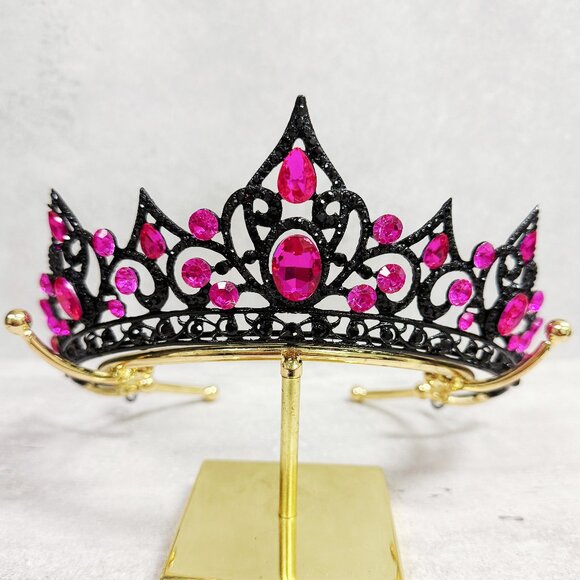 Fuchsia Crystal Tiara, Black Crown, Princess Crown, Purple Crystal Headband - Picture 3 of 8